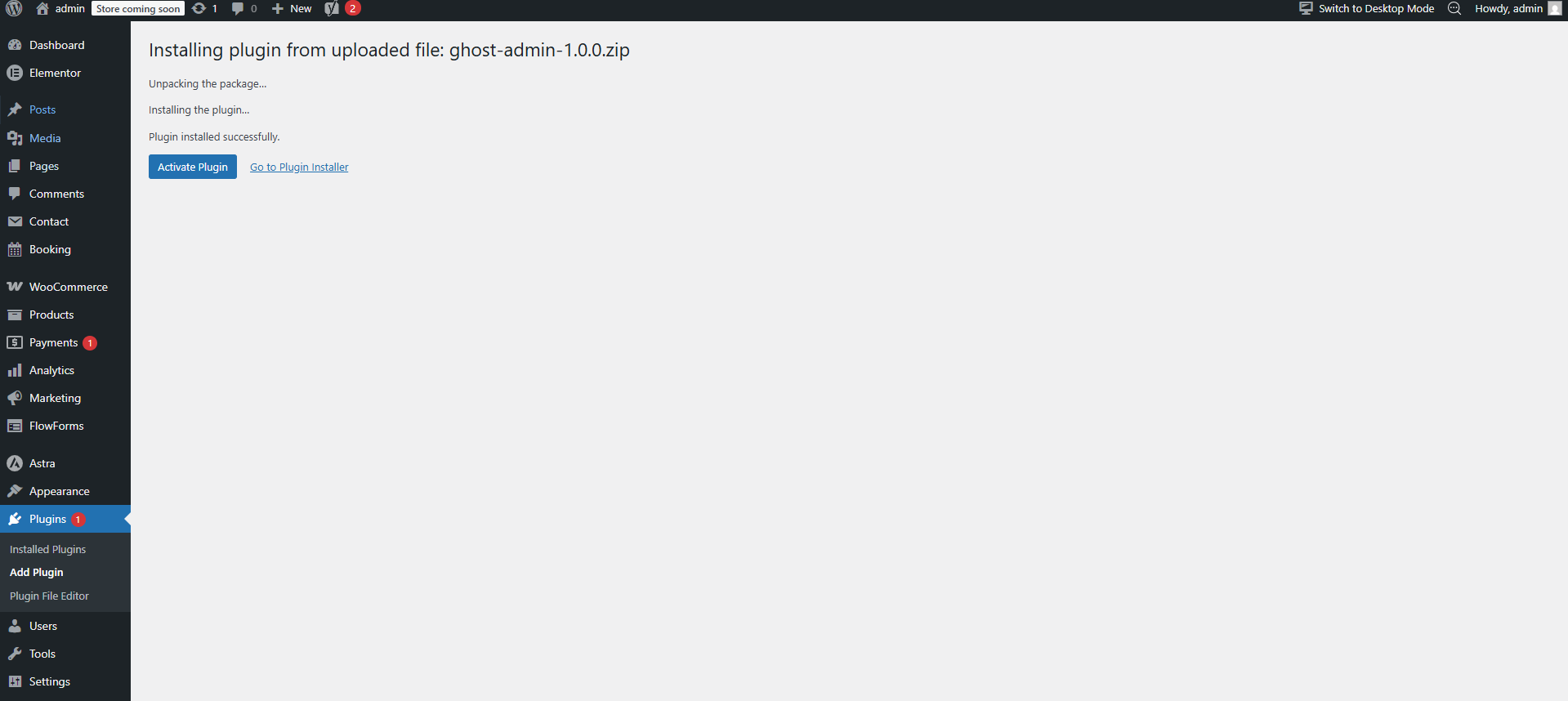 WordPress plugin installation success screen for GhostAdmin.