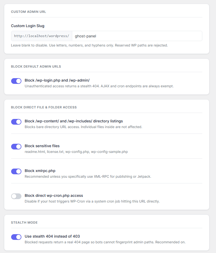 GhostAdmin settings screen showing custom login URL and security toggles.