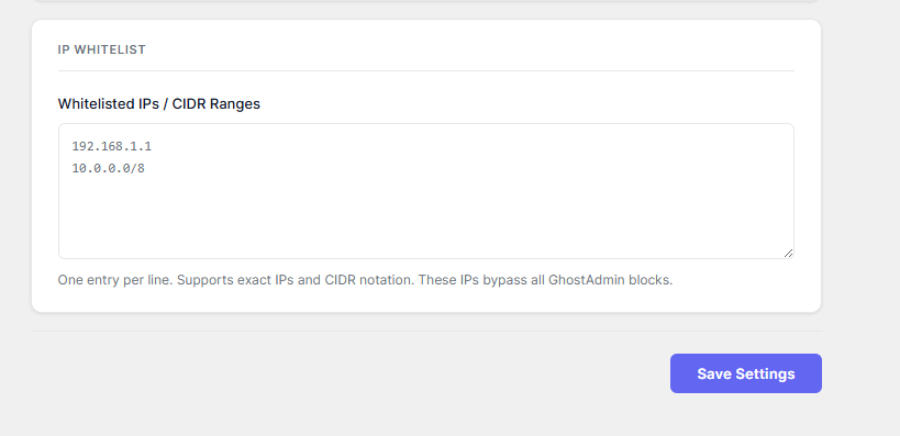 GhostAdmin IP whitelist textarea and save settings button.